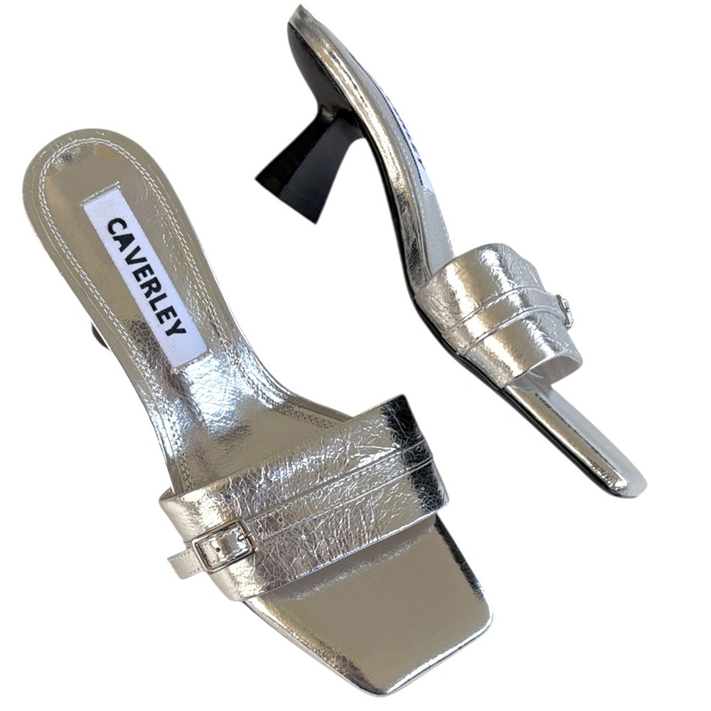 Anthropologie Caverley Silver Metallic Heeled Slide Sandals